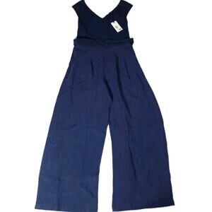 Ted Baker Women's Sz 6 Dark Blue V-Neckline Belted Wide Leg Sleeveless Jumpsuit